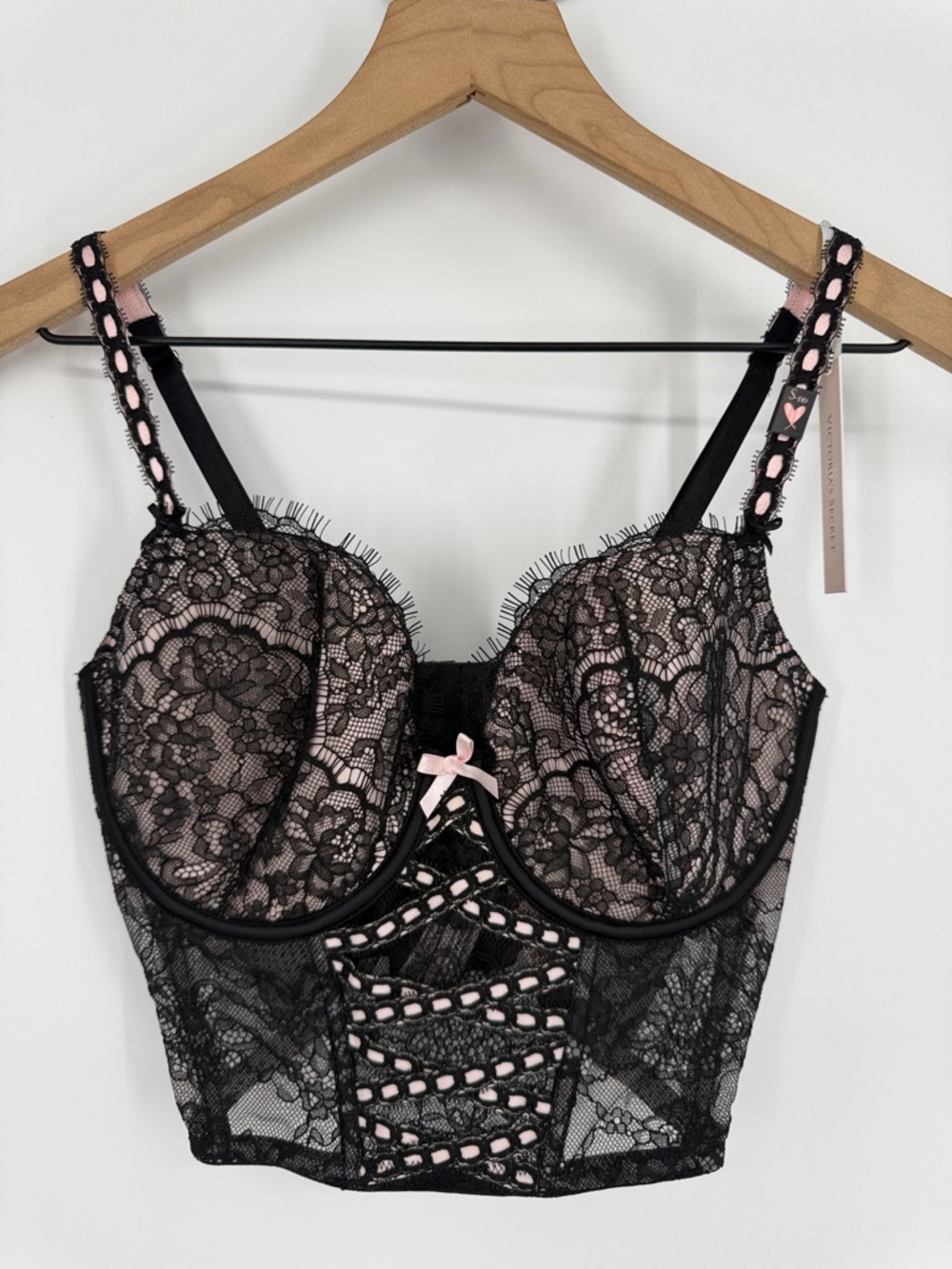 Victoria’s Secret Black Lace Longline Bustier with Pink Accents